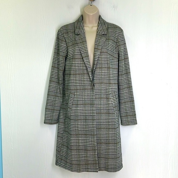 H&M - Tweed Black And White Green Stripe 2 Button Snap Long Blazer Size XS - Picture 2 of 14
